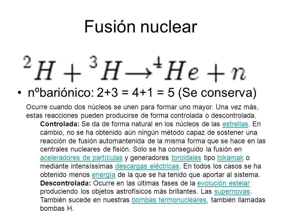 Fusión nuclear nºbariónico: 2+3 = 4+1 = 5 (Se conserva)