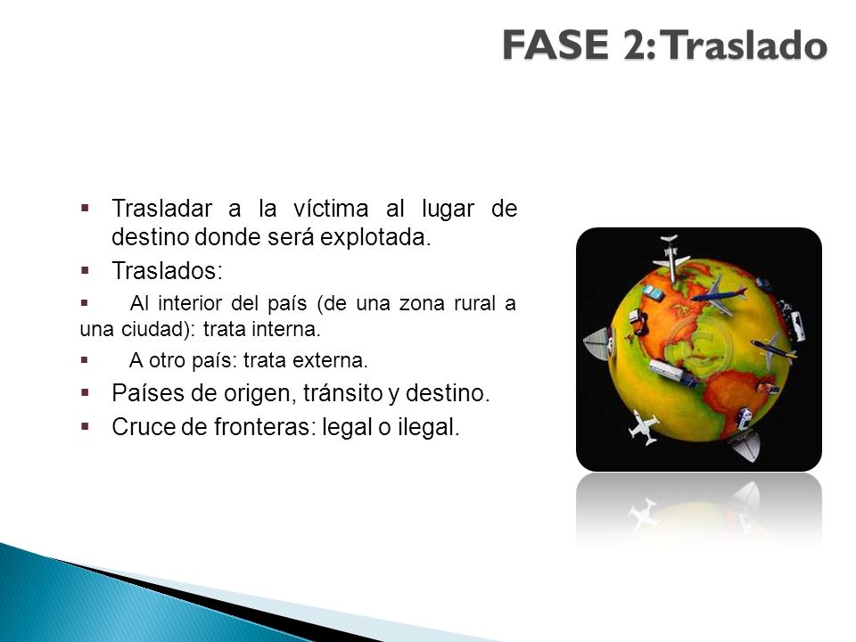 FASE 2: Traslado Trasladar a la víctima al lugar de destino donde será explotada. Traslados: