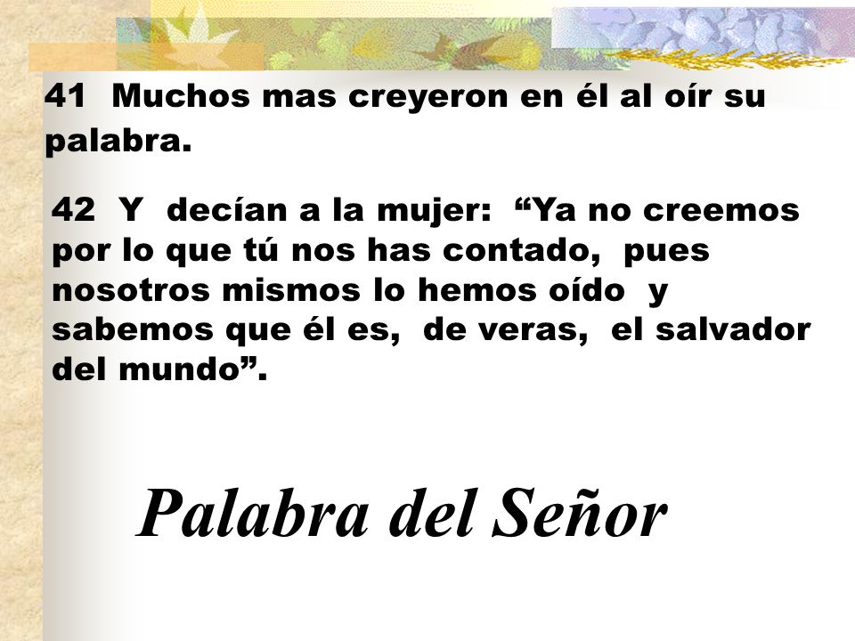 Palabra del Señor 41 Muchos mas creyeron en él al oír su palabra.