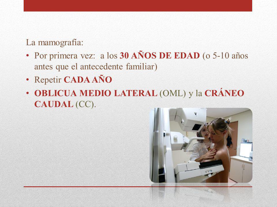 La mamografía: Por primera vez: a los 30 AÑOS DE EDAD (o 5-10 años antes que el antecedente familiar)