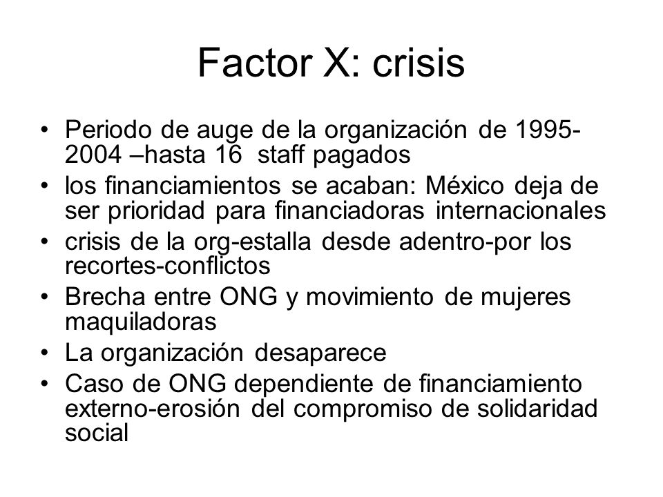 Factor X: crisis Periodo de auge de la organización de –hasta 16 staff pagados.