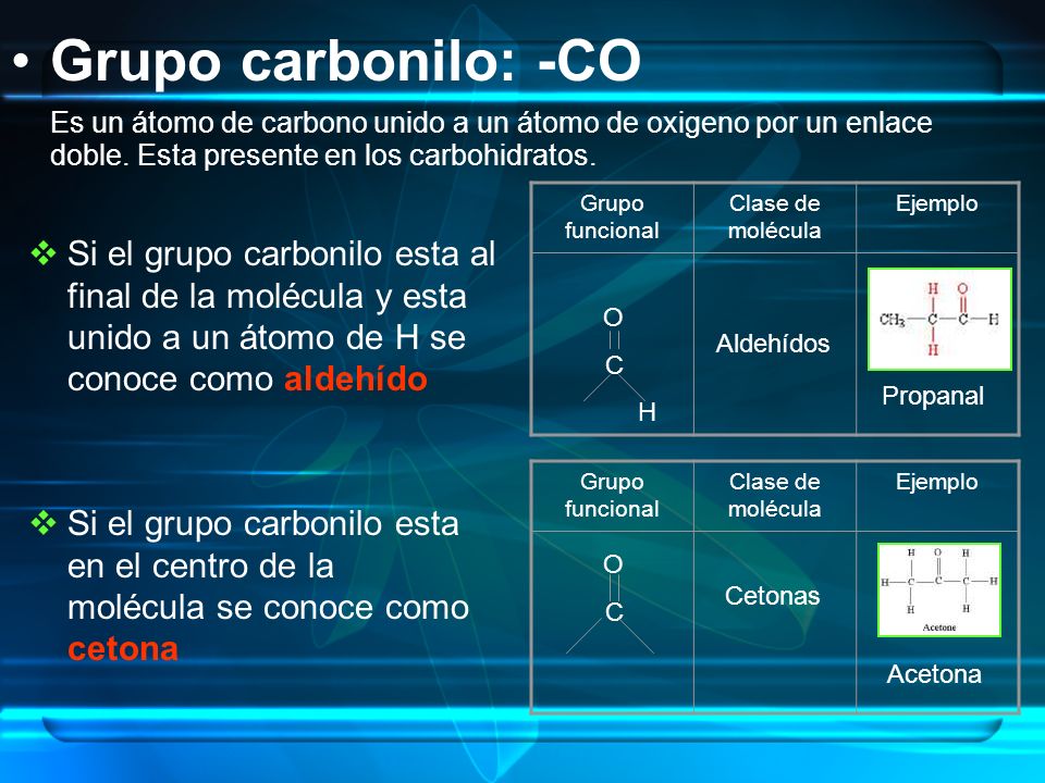 Grupo carbonilo: -CO Es un átomo de carbono unido a un átomo de oxigeno por un enlace doble. Esta presente en los carbohidratos.