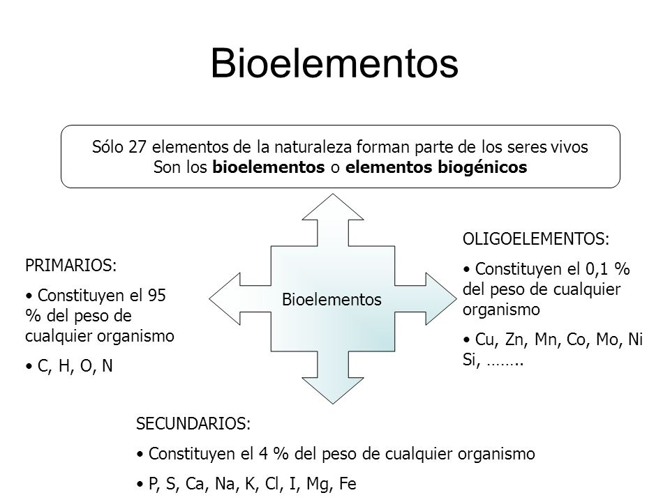 Bioelementos Sólo 27 elementos de la naturaleza forman parte de los seres vivos. Son los bioelementos o elementos biogénicos.