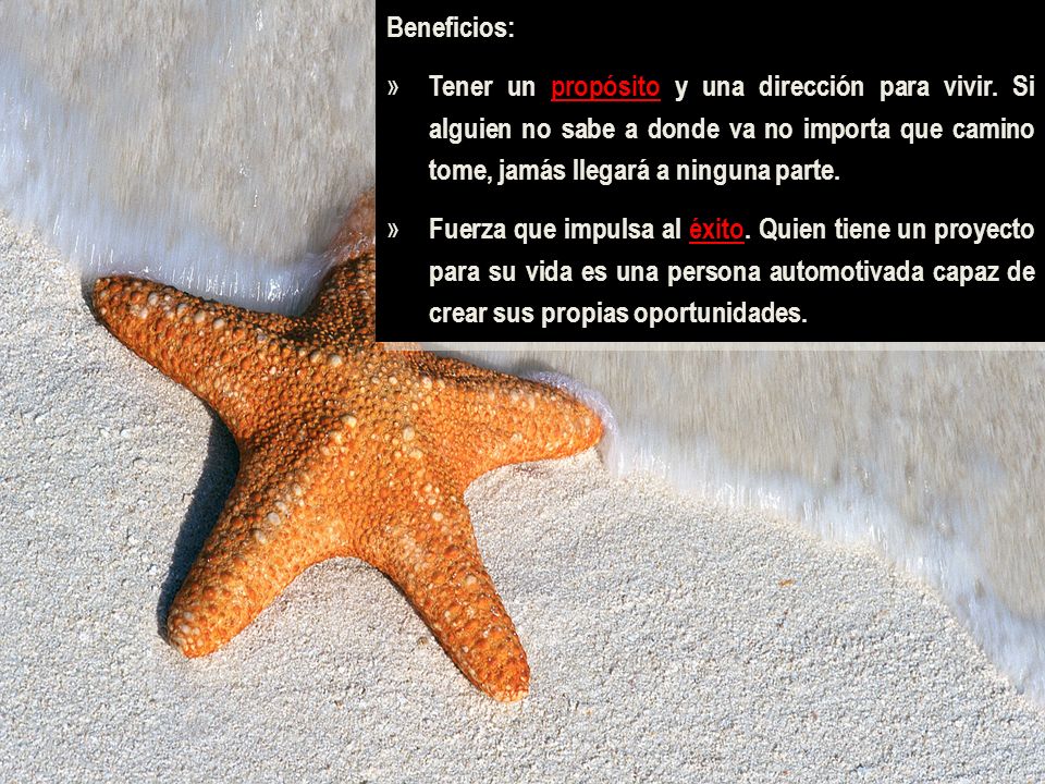 Beneficios: Tener un propósito y una dirección para vivir. Si alguien no sabe a donde va no importa que camino tome, jamás llegará a ninguna parte.
