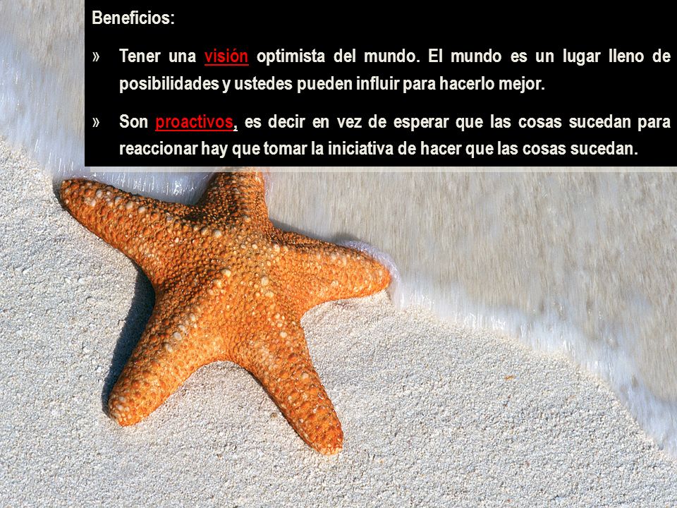 Beneficios: Tener una visión optimista del mundo. El mundo es un lugar lleno de posibilidades y ustedes pueden influir para hacerlo mejor.
