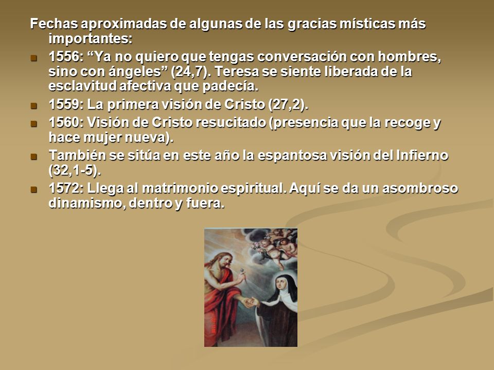 Fechas aproximadas de algunas de las gracias místicas más importantes: