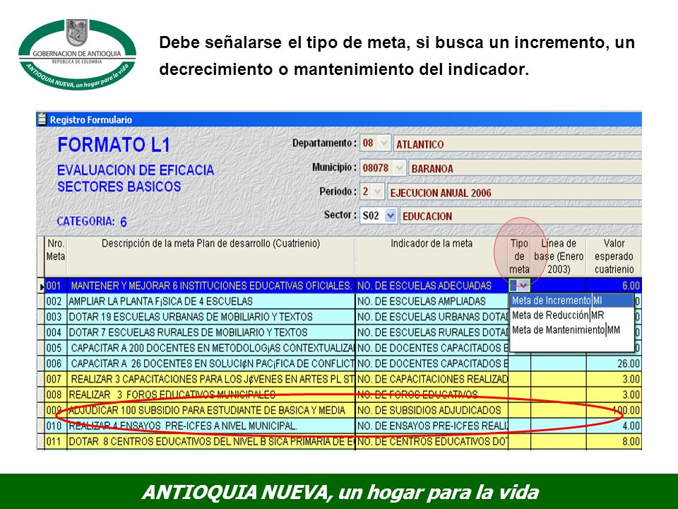 Debe señalarse el tipo de meta, si busca un incremento, un decrecimiento o mantenimiento del indicador.
