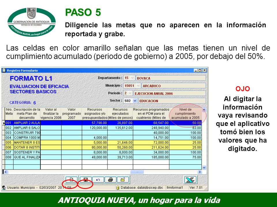 PASO 5 Diligencie las metas que no aparecen en la información reportada y grabe.
