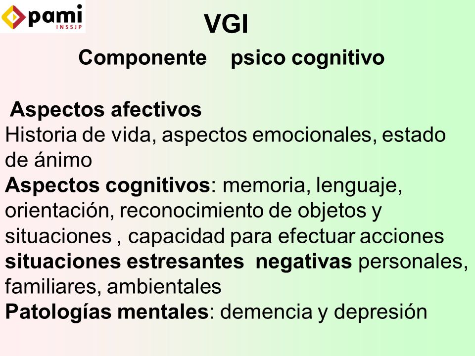 VGI Componente psico cognitivo Aspectos afectivos Historia de vida, aspectos emocionales, estado de ánimo Aspectos cognitivos: memoria, lenguaje, orientación, reconocimiento de objetos y situaciones , capacidad para efectuar acciones situaciones estresantes negativas personales, familiares, ambientales Patologías mentales: demencia y depresión
