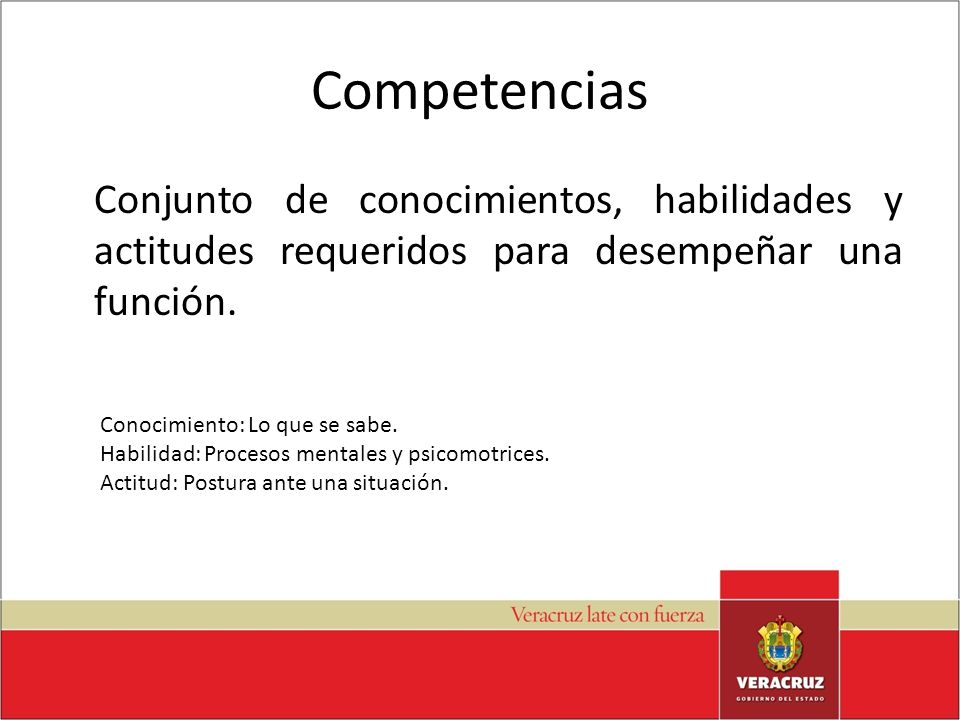 Competencias Conjunto de conocimientos, habilidades y actitudes requeridos para desempeñar una función.