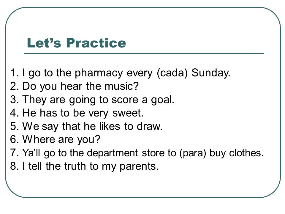 Let’s Practice 1. I go to the pharmacy every (cada) Sunday.