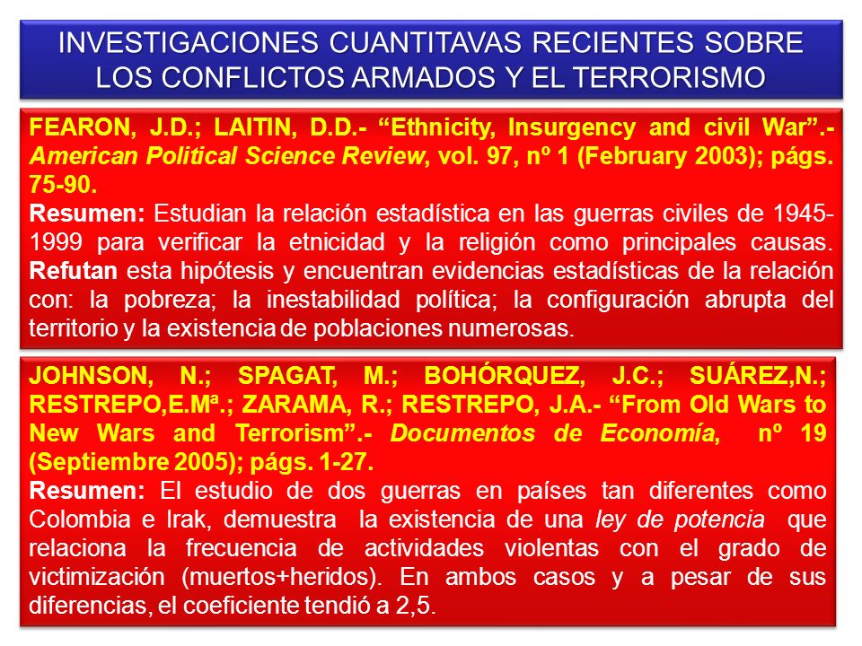 INVESTIGACIONES CUANTITAVAS RECIENTES SOBRE LOS CONFLICTOS ARMADOS Y EL TERRORISMO
