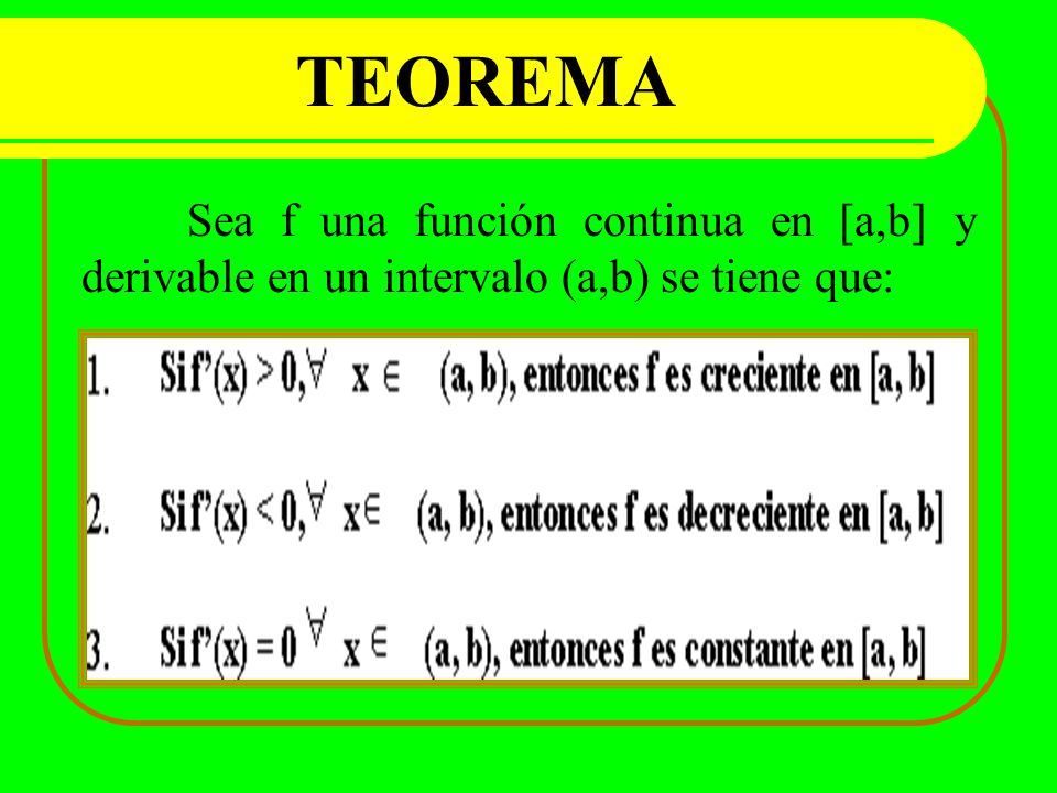 TEOREMA Sea f una función continua en [a,b] y derivable en un intervalo (a,b) se tiene que: