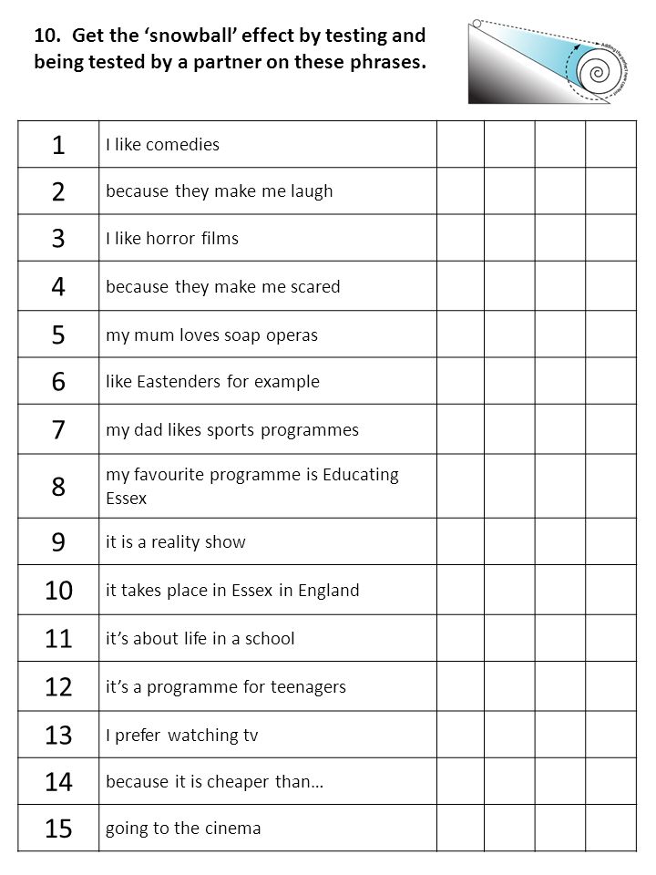 10. Get the ‘snowball’ effect by testing and being tested by a partner on these phrases.