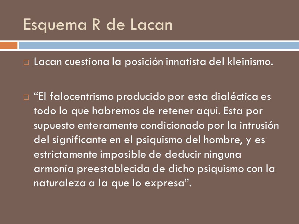 Esquema R de Lacan Lacan cuestiona la posición innatista del kleinismo.