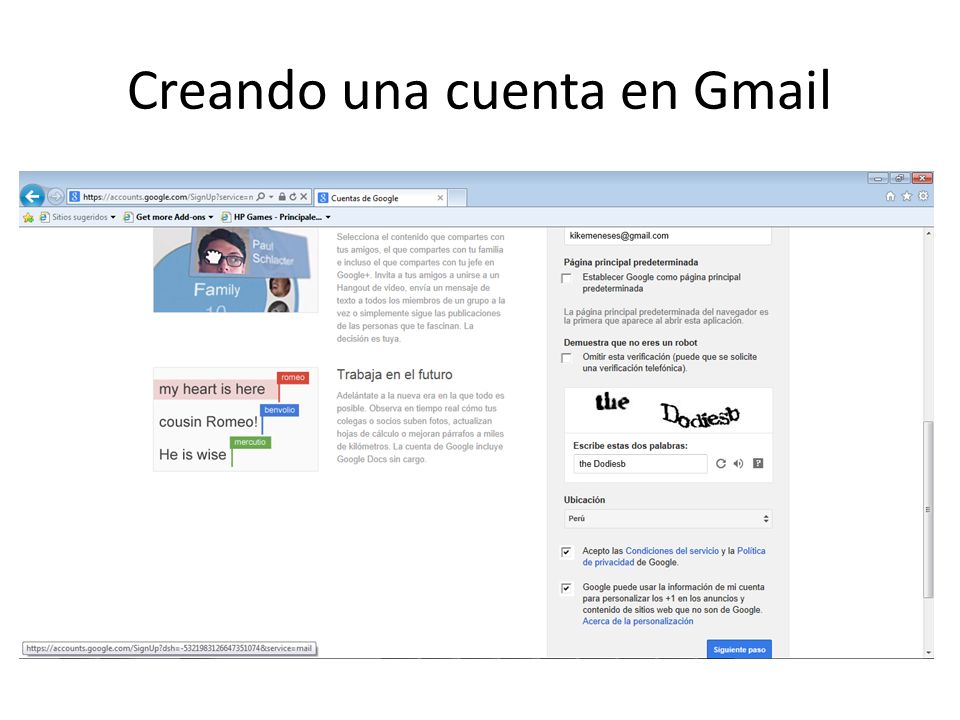 Creando una cuenta en Gmail