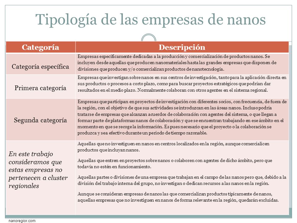 Tipología de las empresas de nanos