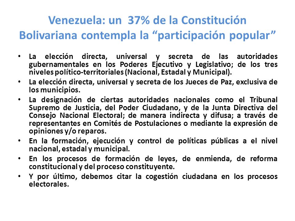 Venezuela: un 37% de la Constitución Bolivariana contempla la participación popular