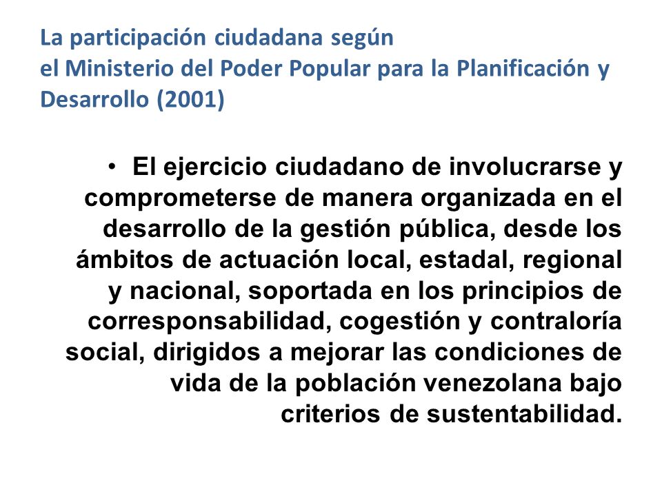La participación ciudadana según el Ministerio del Poder Popular para la Planificación y Desarrollo (2001)