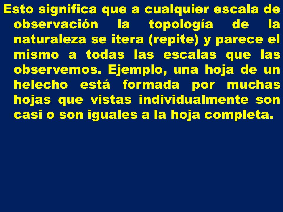 Esto significa que a cualquier escala de observación la topología de la naturaleza se itera (repite) y parece el mismo a todas las escalas que las observemos.