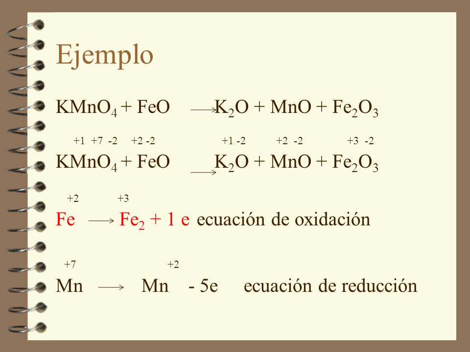 Ejemplo KMnO4 + FeO K2O + MnO + Fe2O3