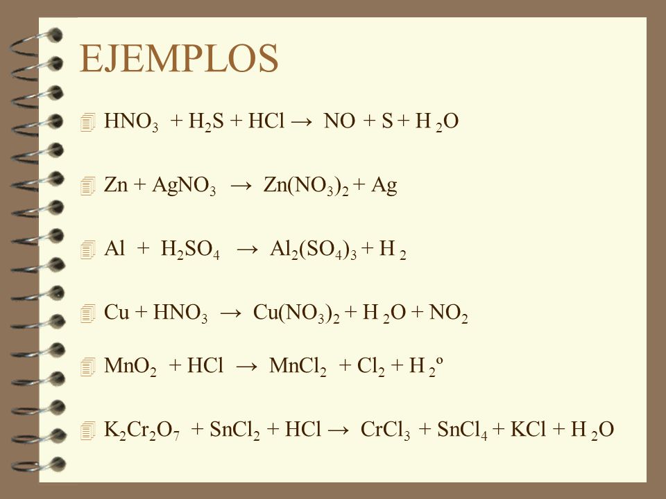 EJEMPLOS HNO3 + H2S + HCl → NO + S + H 2O Zn + AgNO3 → Zn(NO3)2 + Ag