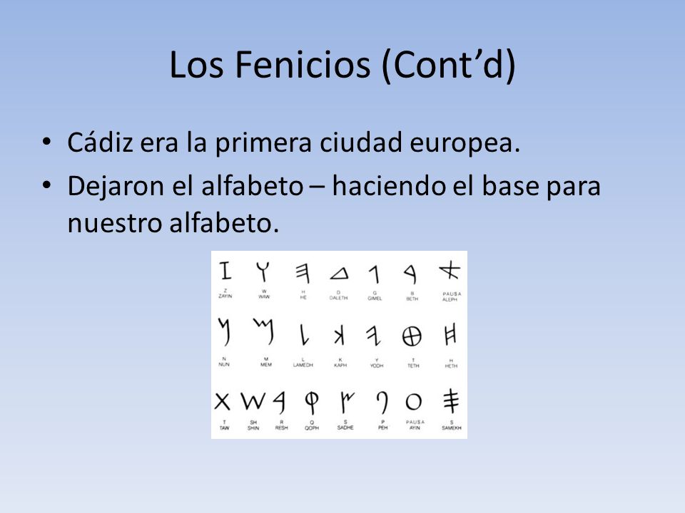 Los Fenicios (Cont’d) Cádiz era la primera ciudad europea.