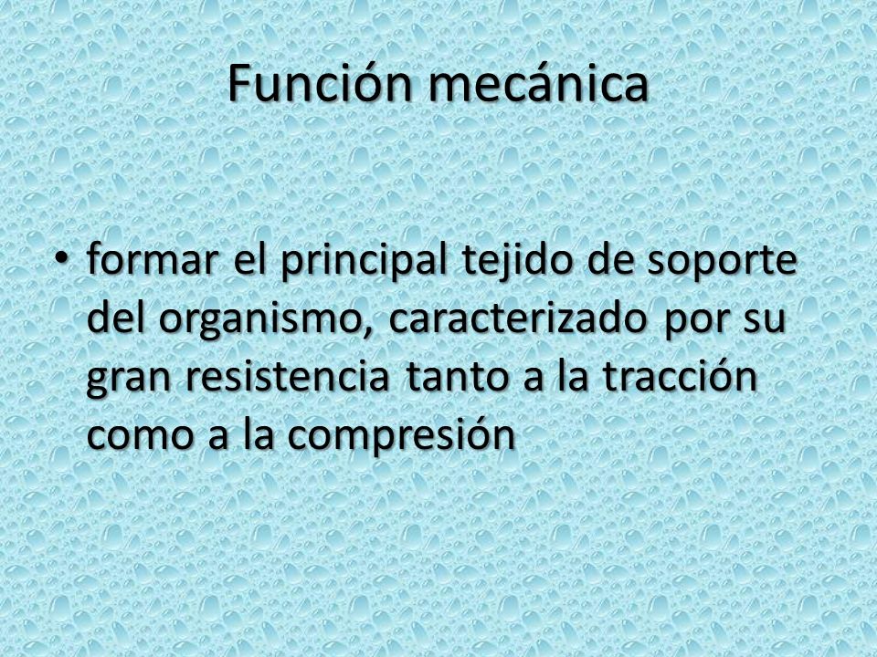 Función mecánica formar el principal tejido de soporte del organismo, caracterizado por su gran resistencia tanto a la tracción como a la compresión.