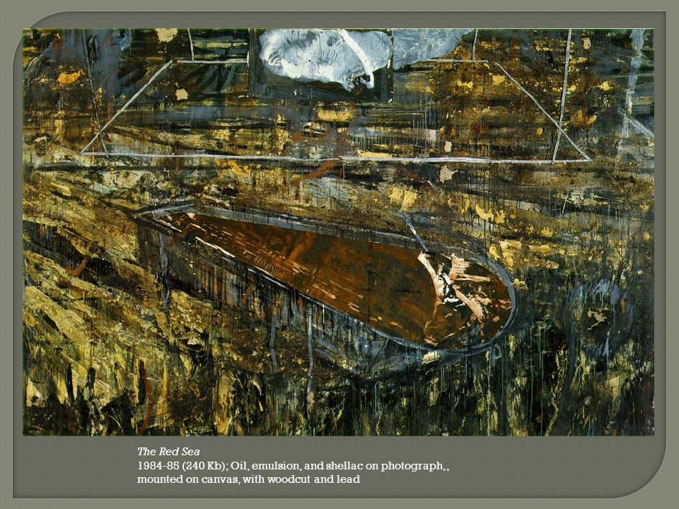 The Red Sea (240 Kb); Oil, emulsion, and shellac on photograph,, mounted on canvas, with woodcut and lead
