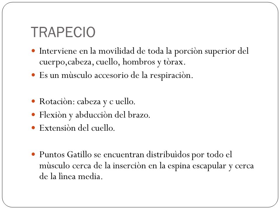 TRAPECIO Interviene en la movilidad de toda la porciòn superior del cuerpo,cabeza, cuello, hombros y tòrax.