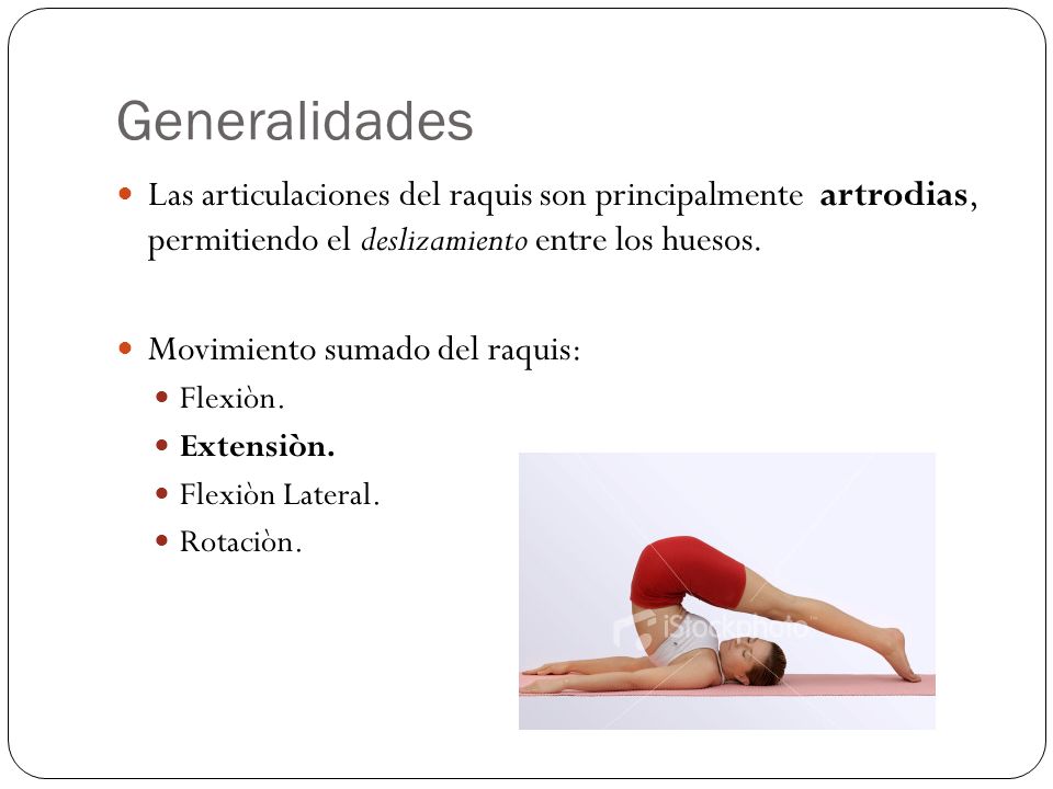 Generalidades Las articulaciones del raquis son principalmente artrodias, permitiendo el deslizamiento entre los huesos.