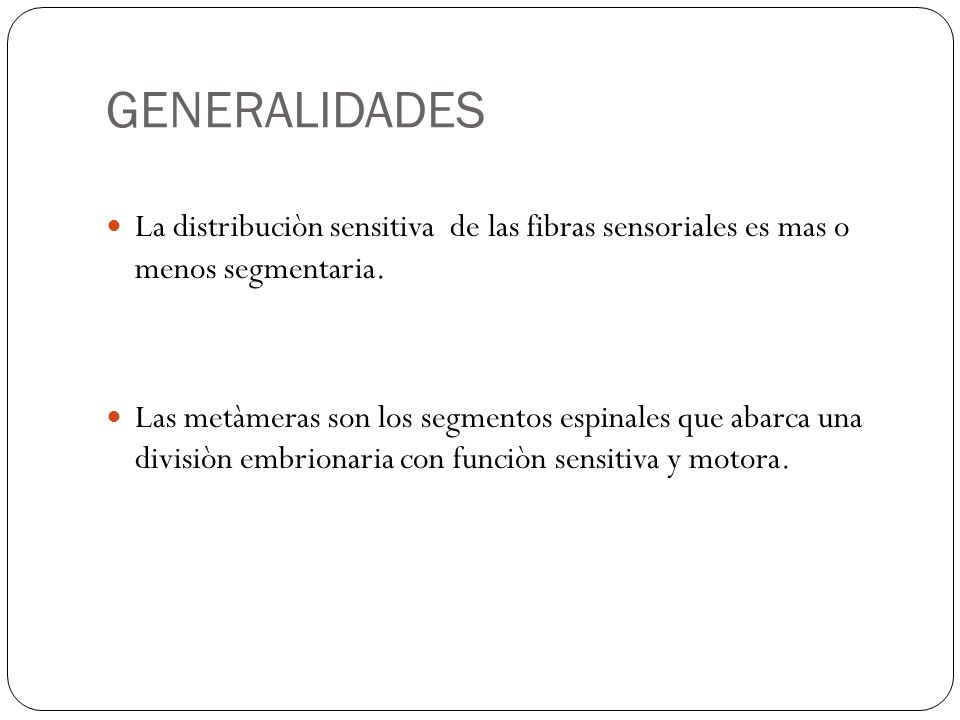 GENERALIDADES La distribuciòn sensitiva de las fibras sensoriales es mas o menos segmentaria.