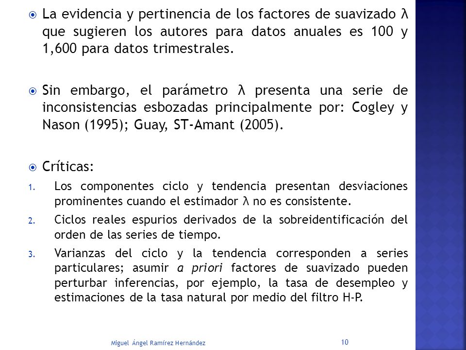 La evidencia y pertinencia de los factores de suavizado λ que sugieren los autores para datos anuales es 100 y 1,600 para datos trimestrales.