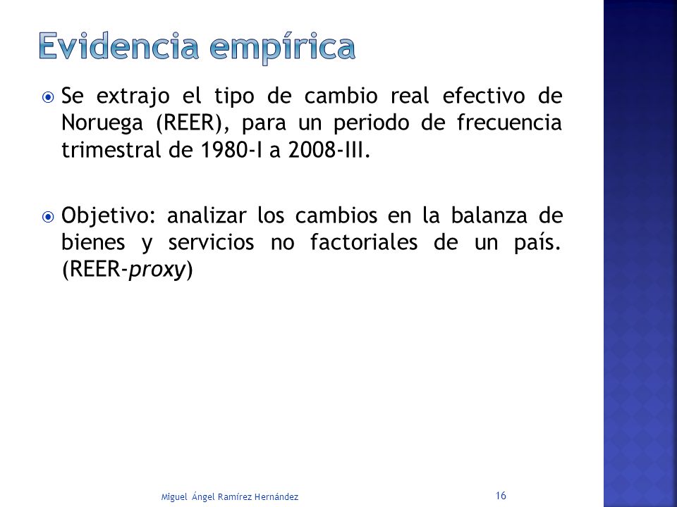 Evidencia empírica Se extrajo el tipo de cambio real efectivo de Noruega (REER), para un periodo de frecuencia trimestral de 1980-I a 2008-III.