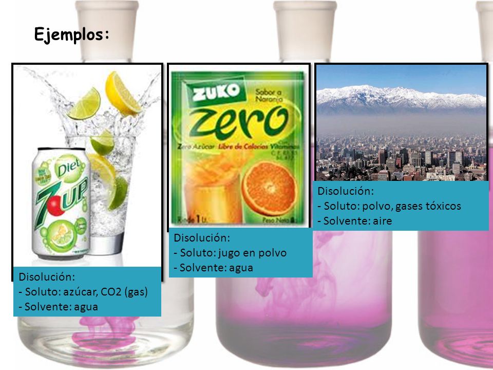 Ejemplos: Disolución: - Soluto: polvo, gases tóxicos Solvente: aire