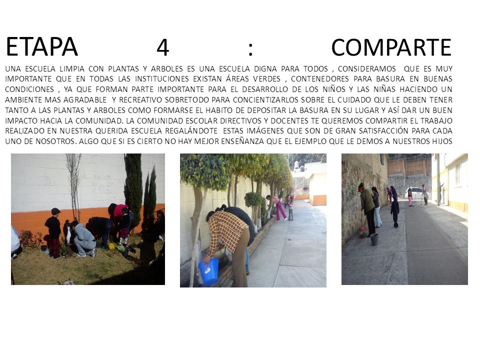 ETAPA 4 : COMPARTE UNA ESCUELA LIMPIA CON PLANTAS Y ARBOLES ES UNA ESCUELA DIGNA PARA TODOS , CONSIDERAMOS QUE ES MUY IMPORTANTE QUE EN TODAS LAS INSTITUCIONES EXISTAN ÁREAS VERDES , CONTENEDORES PARA BASURA EN BUENAS CONDICIONES , YA QUE FORMAN PARTE IMPORTANTE PARA EL DESARROLLO DE LOS NIÑOS Y LAS NIÑAS HACIENDO UN AMBIENTE MAS AGRADABLE Y RECREATIVO SOBRETODO PARA CONCIENTIZARLOS SOBRE EL CUIDADO QUE LE DEBEN TENER TANTO A LAS PLANTAS Y ARBOLES COMO FORMARSE EL HABITO DE DEPOSITAR LA BASURA EN SU LUGAR Y ASÍ DAR UN BUEN IMPACTO HACIA LA COMUNIDAD.
