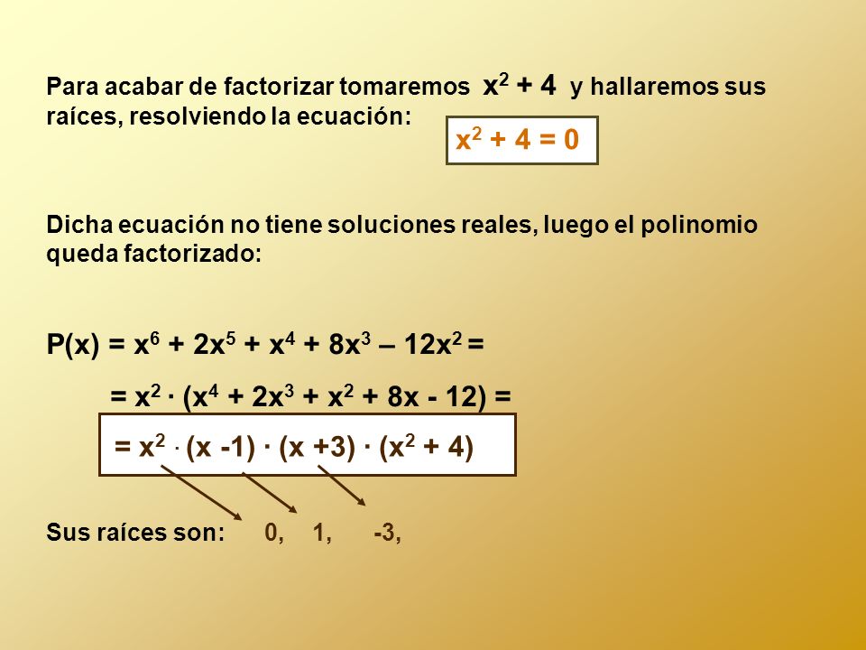 Para acabar de factorizar tomaremos x2 + 4 y hallaremos sus raíces, resolviendo la ecuación: