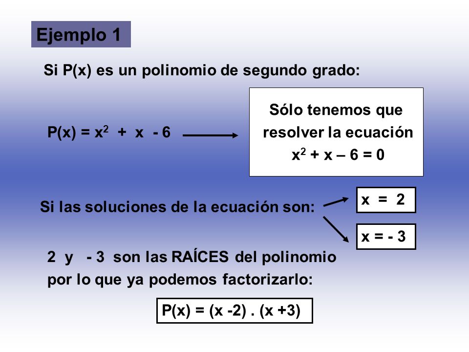 Ejemplo 1 Si P(x) es un polinomio de segundo grado: Sólo tenemos que