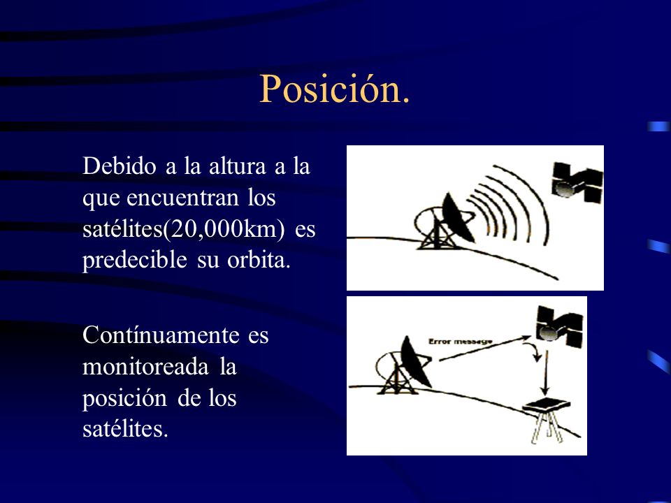 Posición. Debido a la altura a la que encuentran los satélites(20,000km) es predecible su orbita.