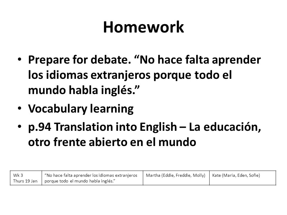 Homework Prepare for debate. No hace falta aprender los idiomas extranjeros porque todo el mundo habla inglés.