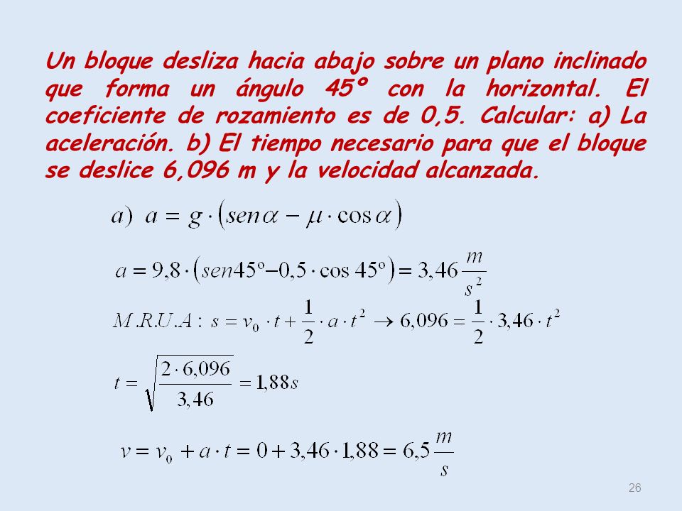 Un bloque desliza hacia abajo sobre un plano inclinado que forma un ángulo 45º con la horizontal.