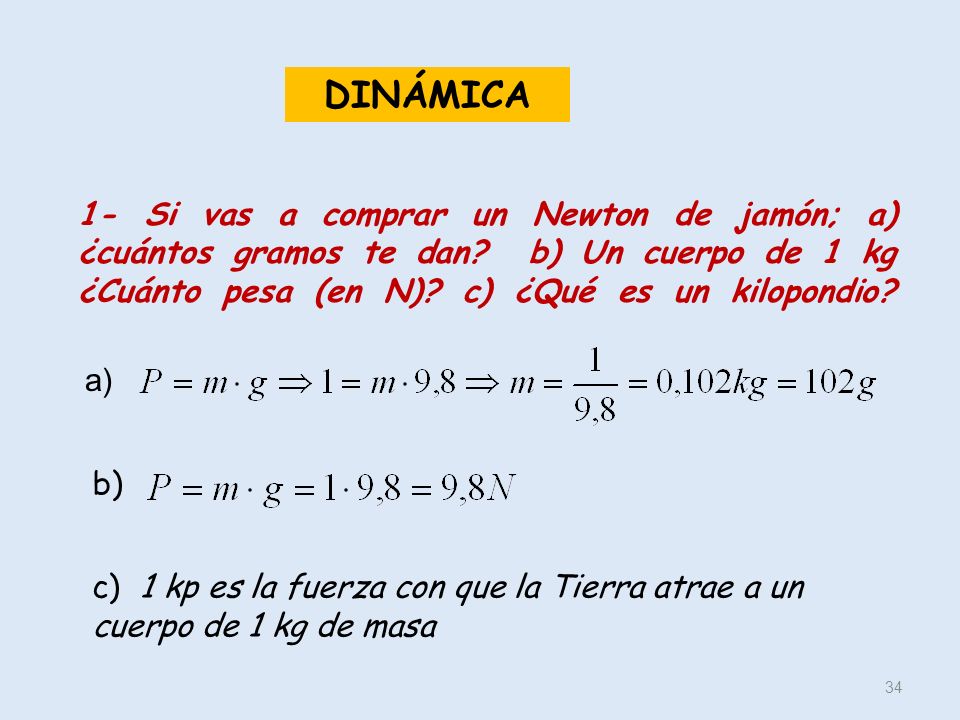 DINÁMICA 1- Si vas a comprar un Newton de jamón; a) ¿cuántos gramos te dan b) Un cuerpo de 1 kg ¿Cuánto pesa (en N) c) ¿Qué es un kilopondio