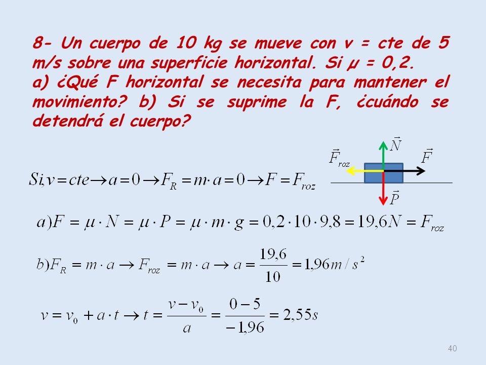 8- Un cuerpo de 10 kg se mueve con v = cte de 5 m/s sobre una superficie horizontal. Si µ = 0,2.