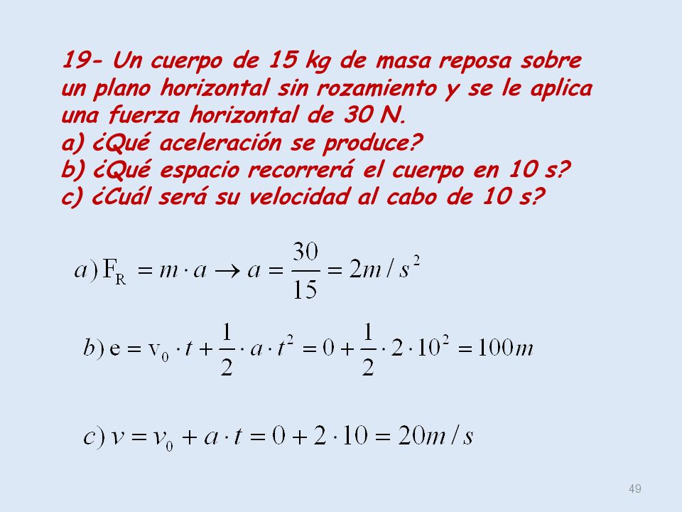 19- Un cuerpo de 15 kg de masa reposa sobre un plano horizontal sin rozamiento y se le aplica una fuerza horizontal de 30 N.