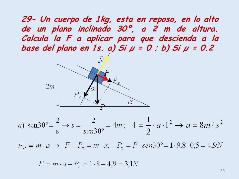 29- Un cuerpo de 1kg, esta en reposo, en lo alto de un plano inclinado 30º, a 2 m de altura.