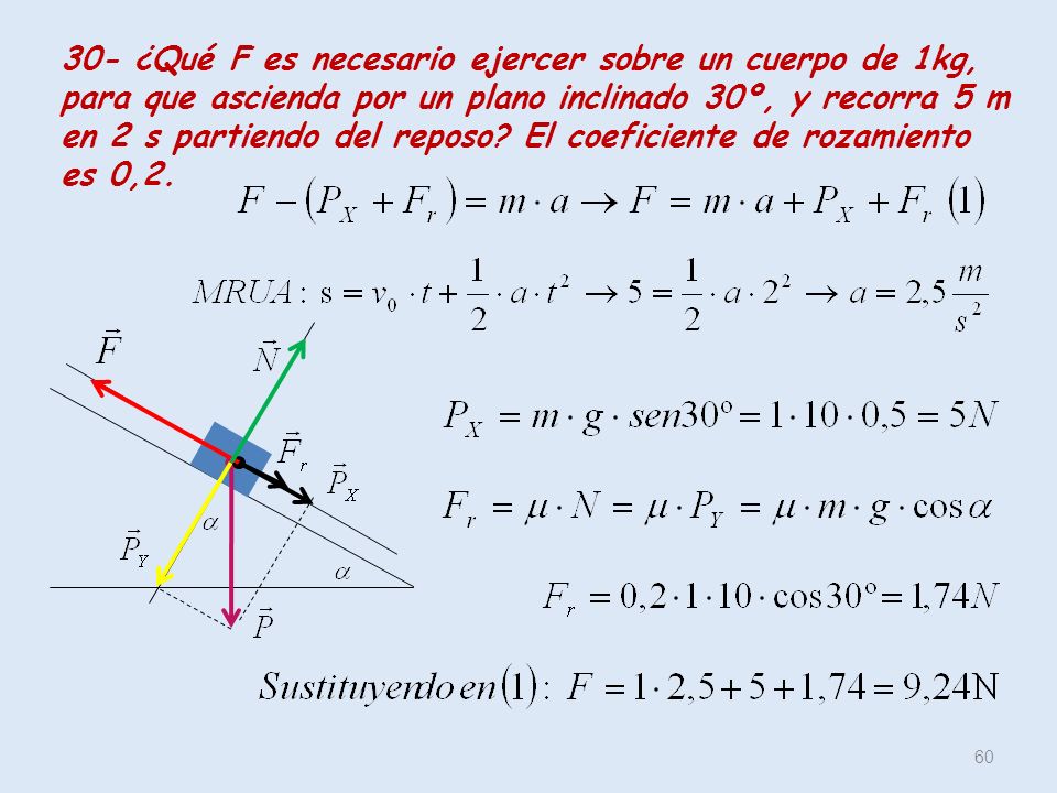 30- ¿Qué F es necesario ejercer sobre un cuerpo de 1kg, para que ascienda por un plano inclinado 30º, y recorra 5 m en 2 s partiendo del reposo.
