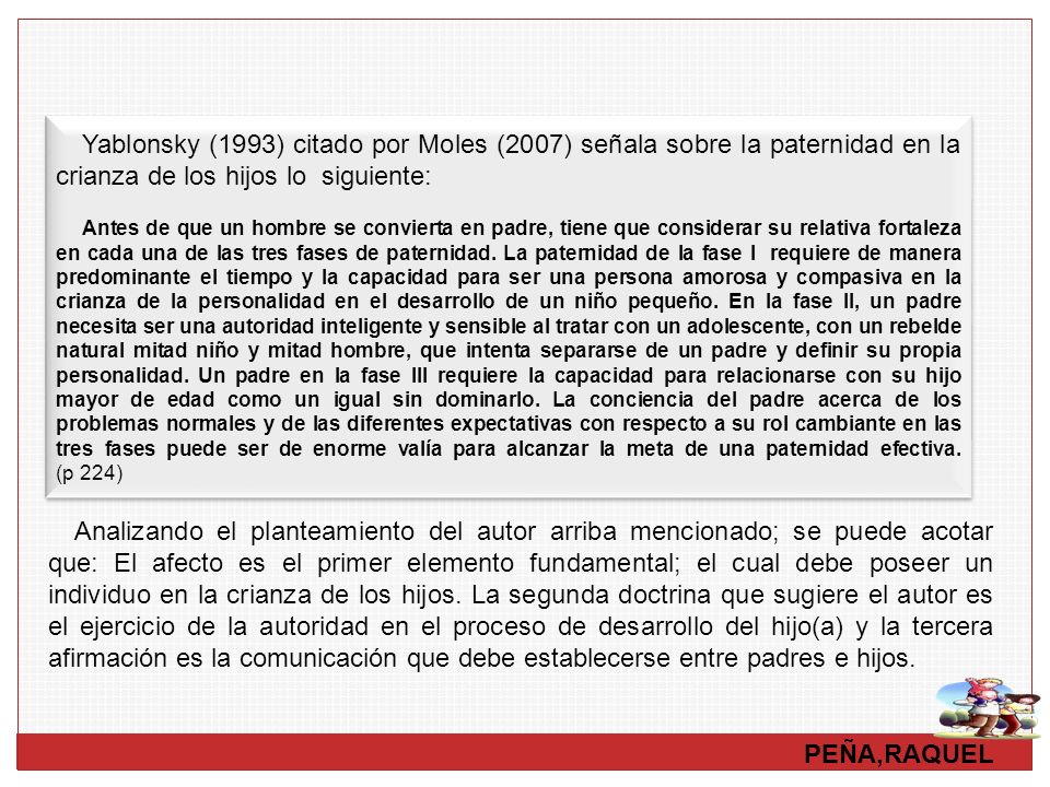 Yablonsky (1993) citado por Moles (2007) señala sobre la paternidad en la crianza de los hijos lo siguiente: