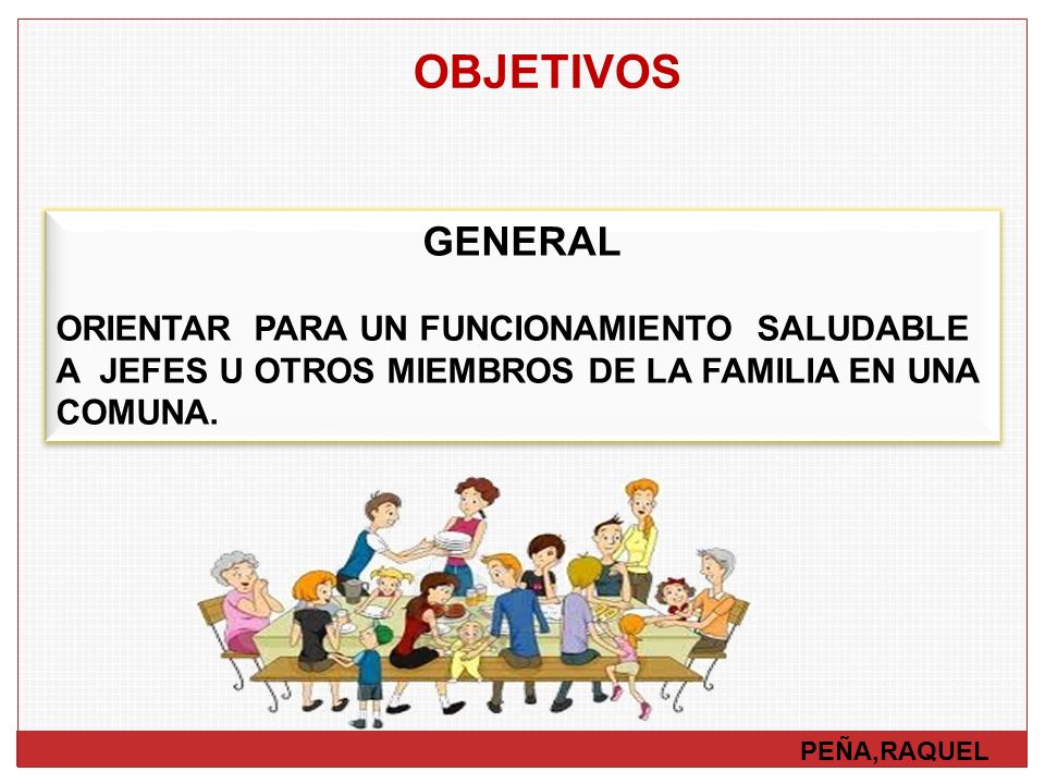 OBJETIVOS GENERAL. ORIENTAR PARA UN FUNCIONAMIENTO SALUDABLE A JEFES U OTROS MIEMBROS DE LA FAMILIA EN UNA COMUNA.
