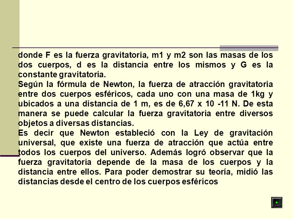 donde F es la fuerza gravitatoria, m1 y m2 son las masas de los dos cuerpos, d es la distancia entre los mismos y G es la constante gravitatoria.