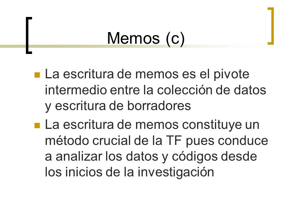 Memos (c) La escritura de memos es el pivote intermedio entre la colección de datos y escritura de borradores.